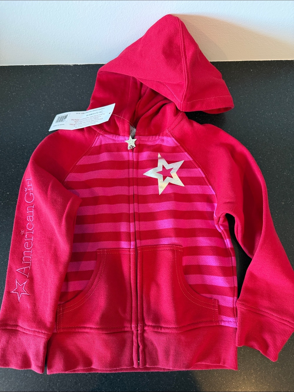 American Girl Hot Pink Striped Star Zip Hoodie